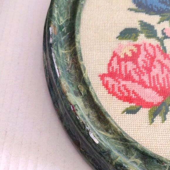 2 Vintage Oval Decoupage Framed Handmade Needlepoint Flowers Floral Artwork Boho - Picture 8 of 9
